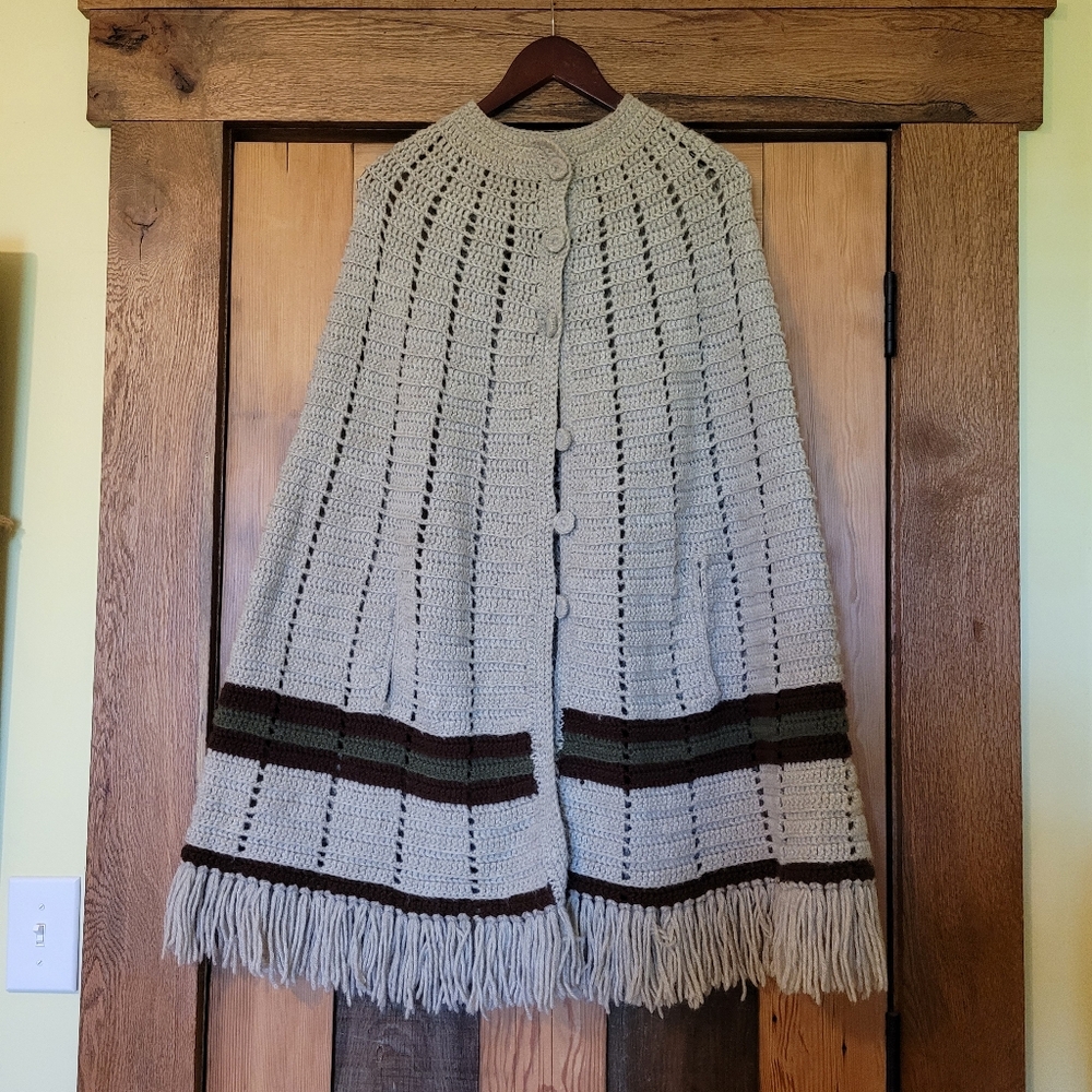 Vintage 70s Handmade Crocheted Statement Hippie Poncho Earth Tones Autumn Fringe